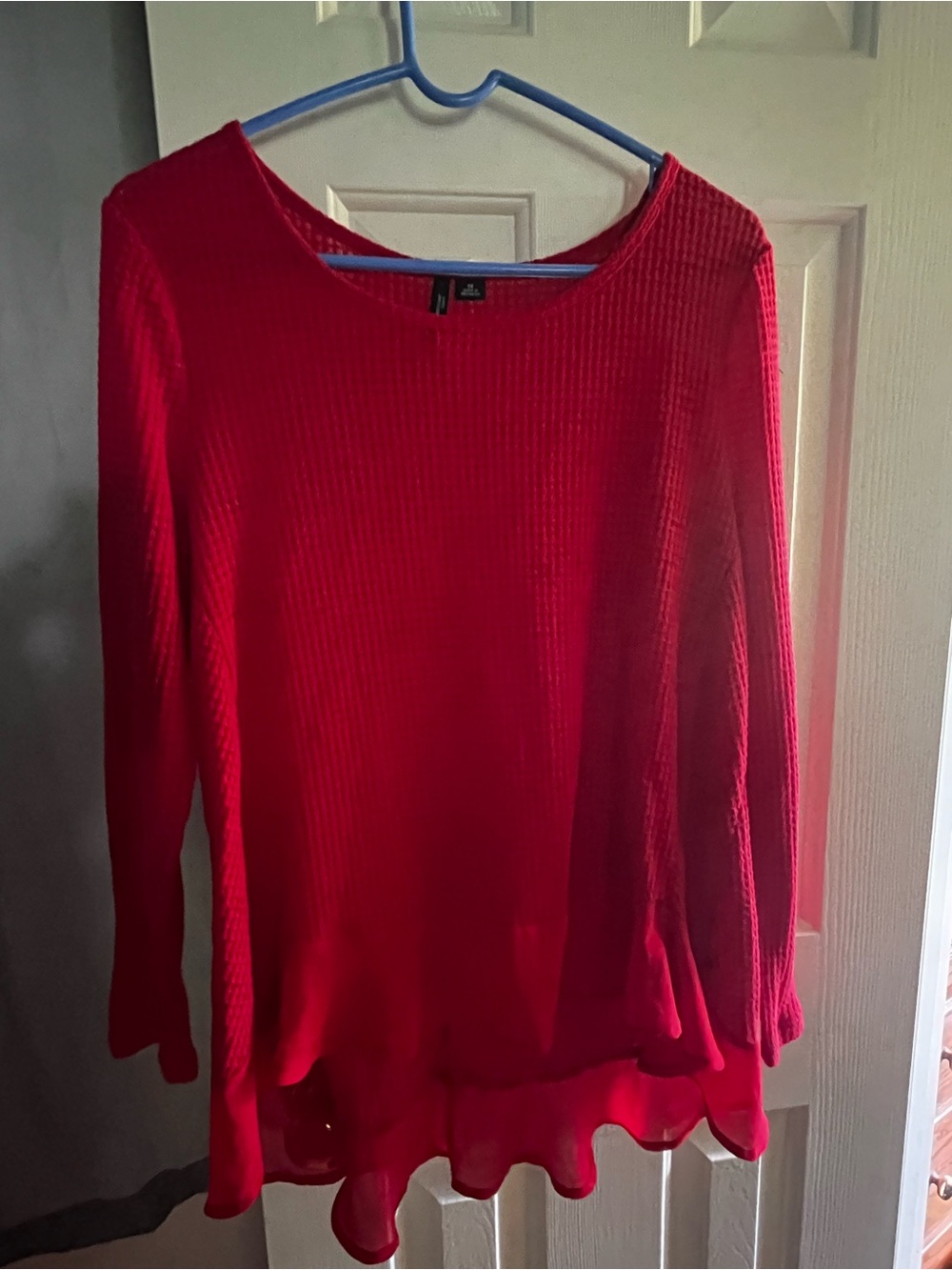 new directions Red Ribbed Long-Sleeve Tunic with Ruffled Hem